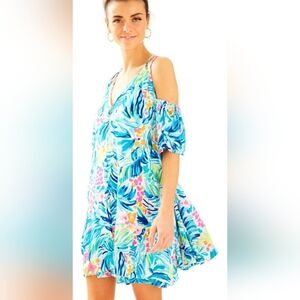 Lilly Pulitzer Bellamie Dress Serene Blue Tippy Top Cold Shoulder sz XS